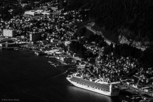 View of the Star Princes at dock in Ketchikan from the air.